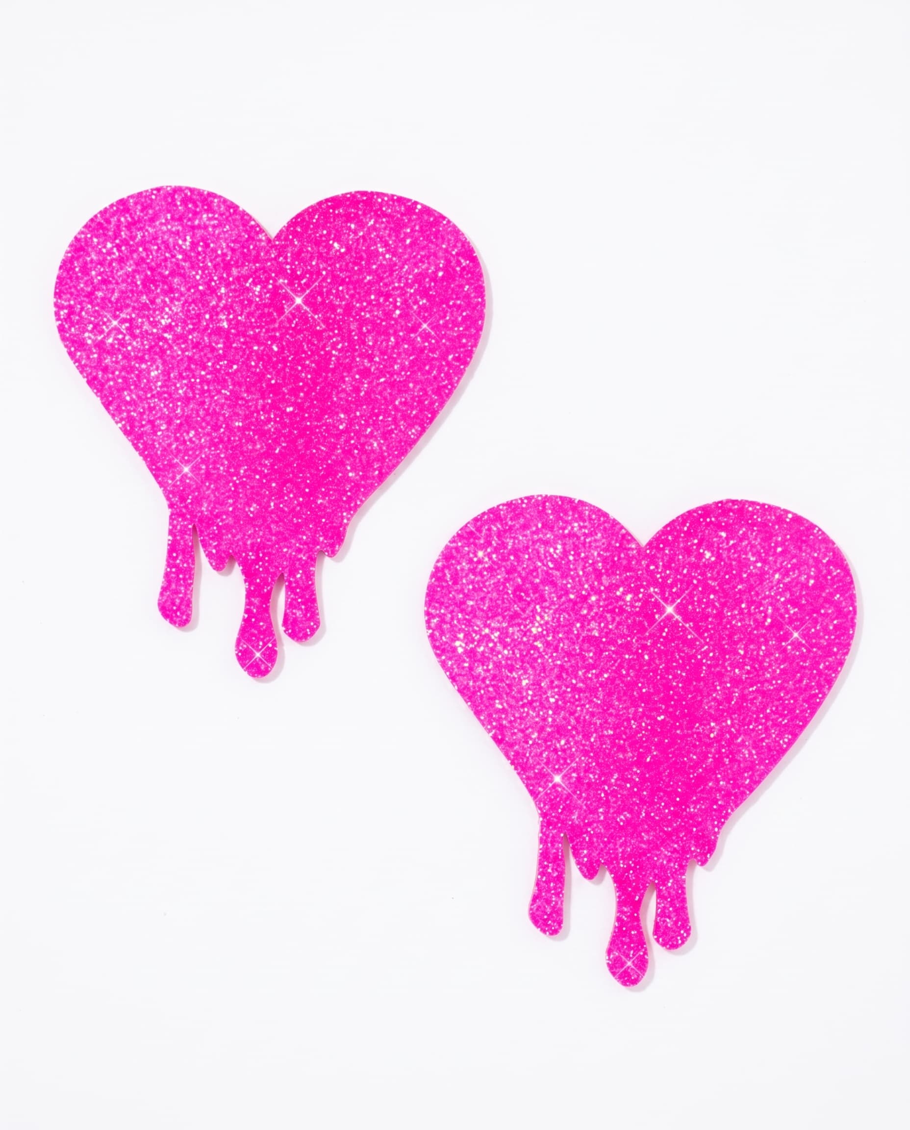 Light Pink Glitter Melty Heart Nipple Cover Pasties, flat-lay of two sparkling hearts with dripping edges on white