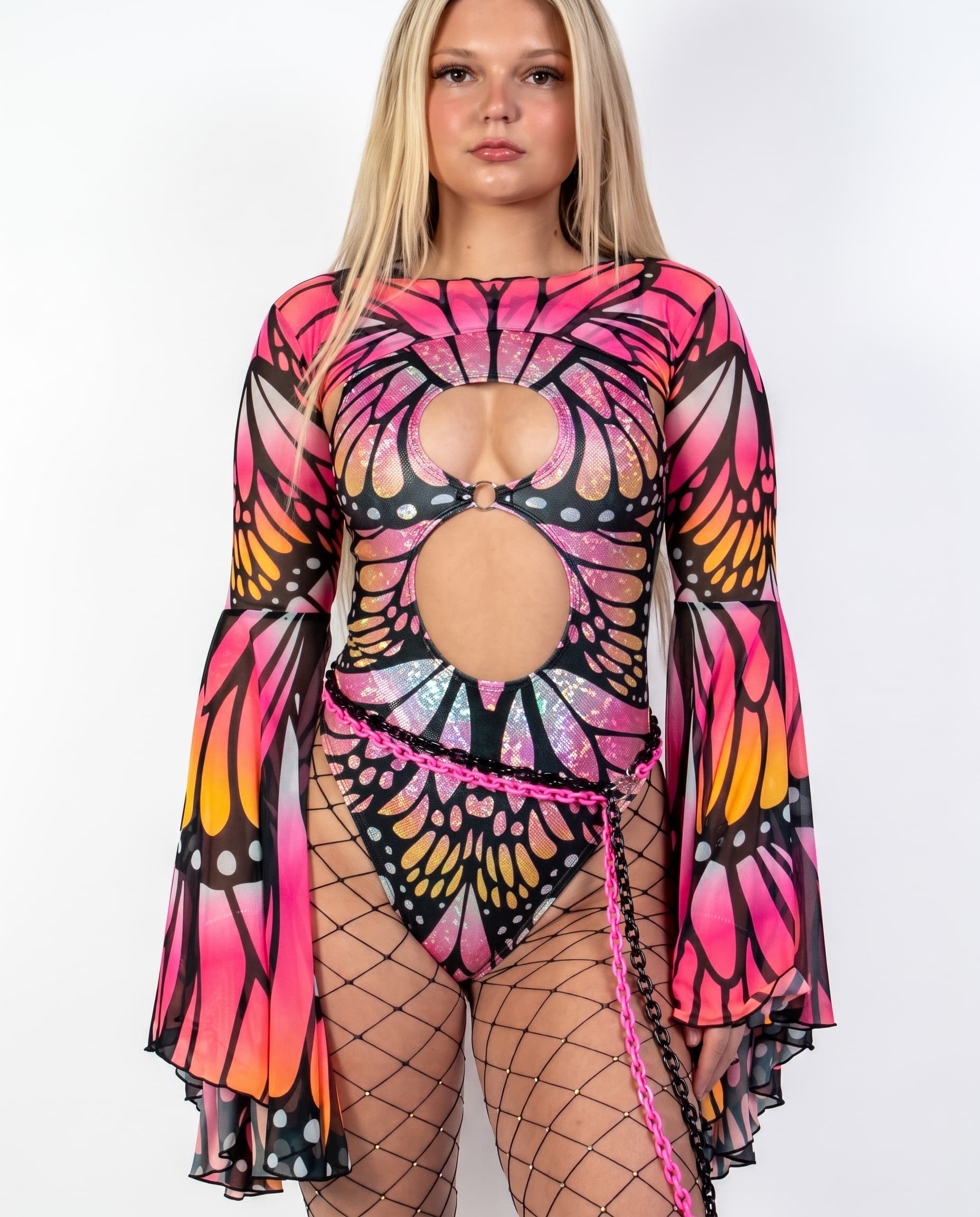 Monarch Keyhole Bodysuit, front view with butterfly wing print, ring-linked cutouts, fishnets and chain belt