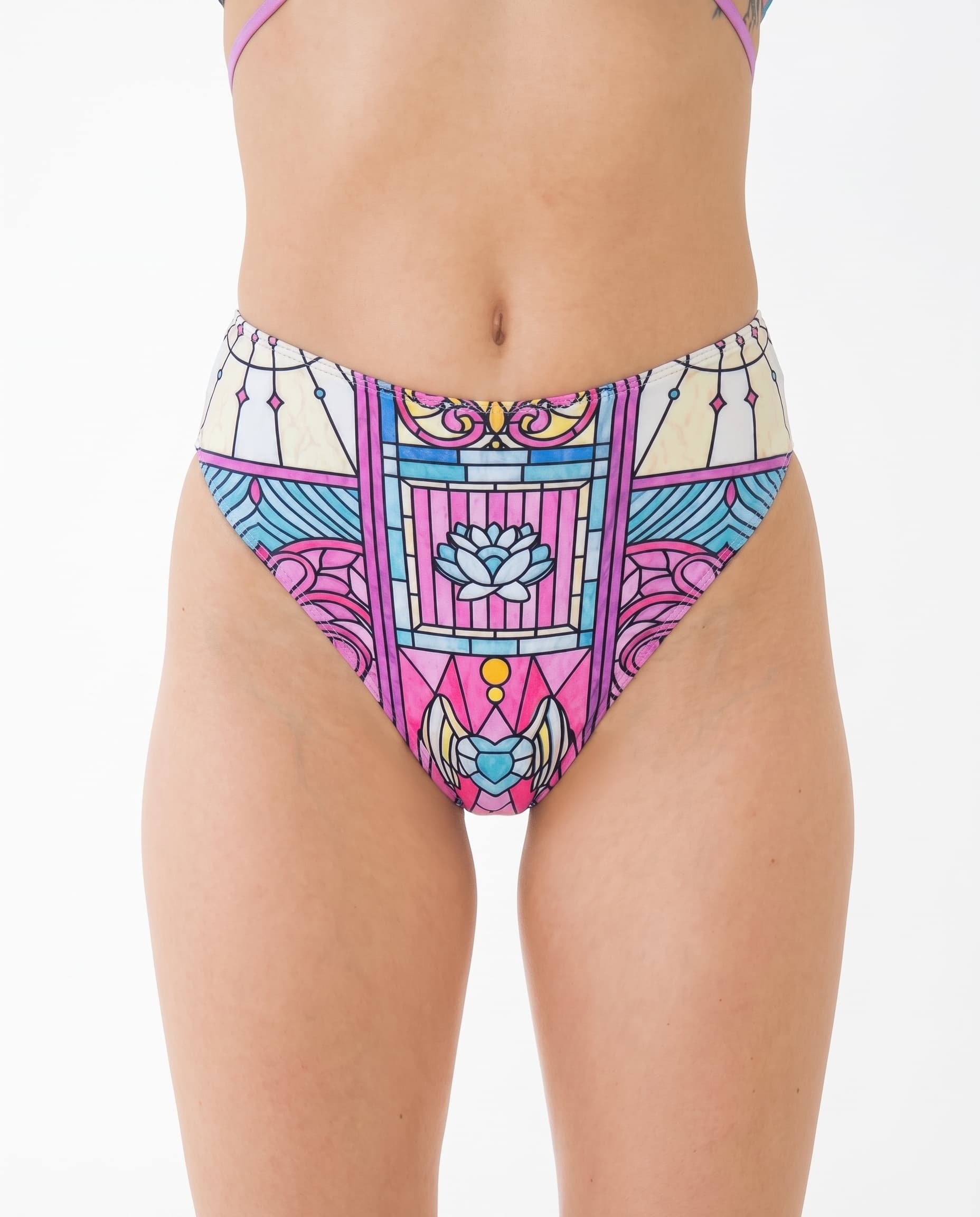 Moonlight High Waisted Thong, front view showing pink and blue stained-glass print with lotus and winged heart